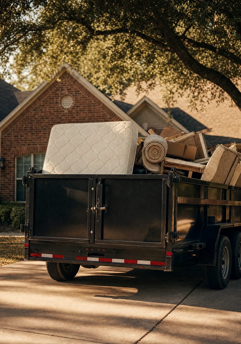 A loaded haul trailer backed into a suburban driveway — mattress, boxes and rolled carpet stacked and ready to go.