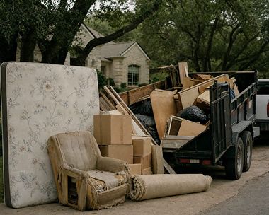 A driveway pile of household junk staged for removal beside a half-loaded dump trailer.