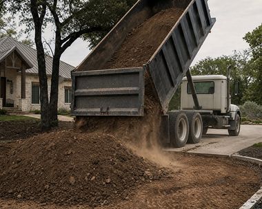 A dump truck tipping a load of topsoil and gravel onto prepared ground beside a driveway.